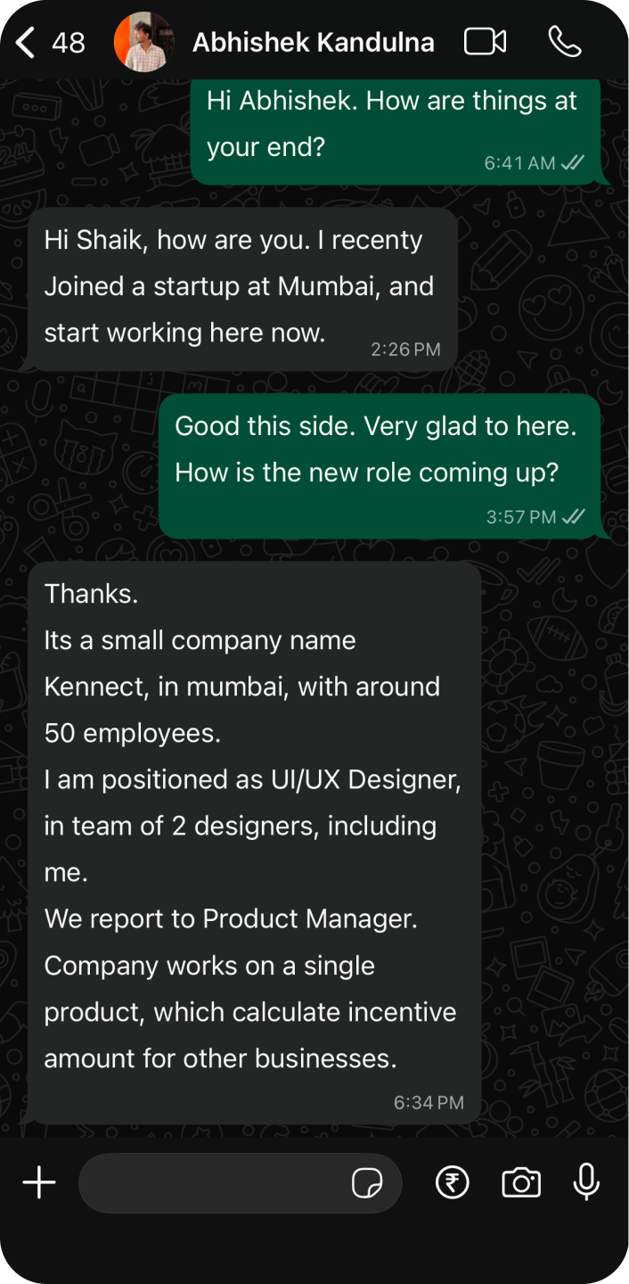 WhatsApp message from Abhishek Kandulna — UI/UX Designer at Kennect, Mumbai