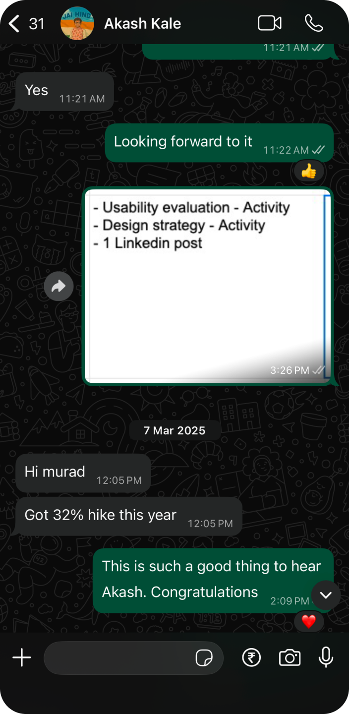 WhatsApp message from Akash Kale — got a 32% hike