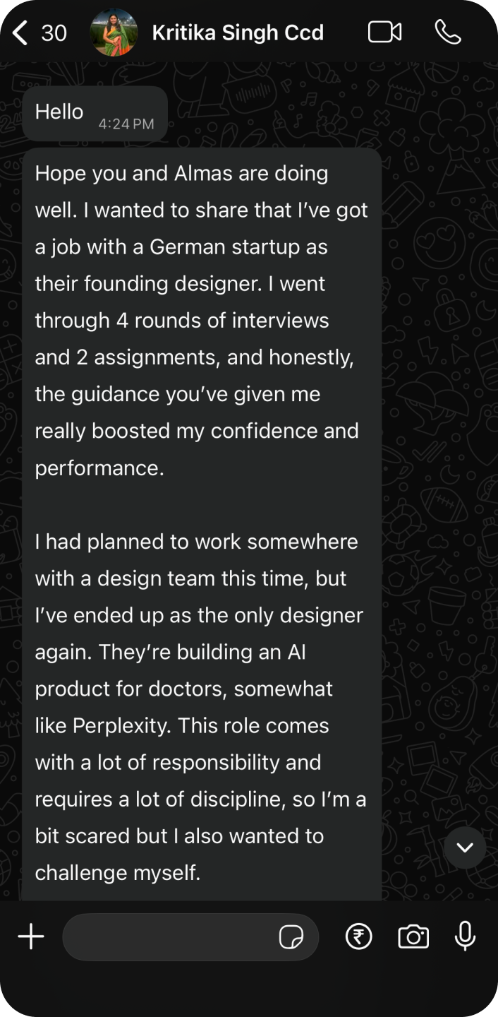 WhatsApp message from Kritika Singh — founding designer at a German AI startup