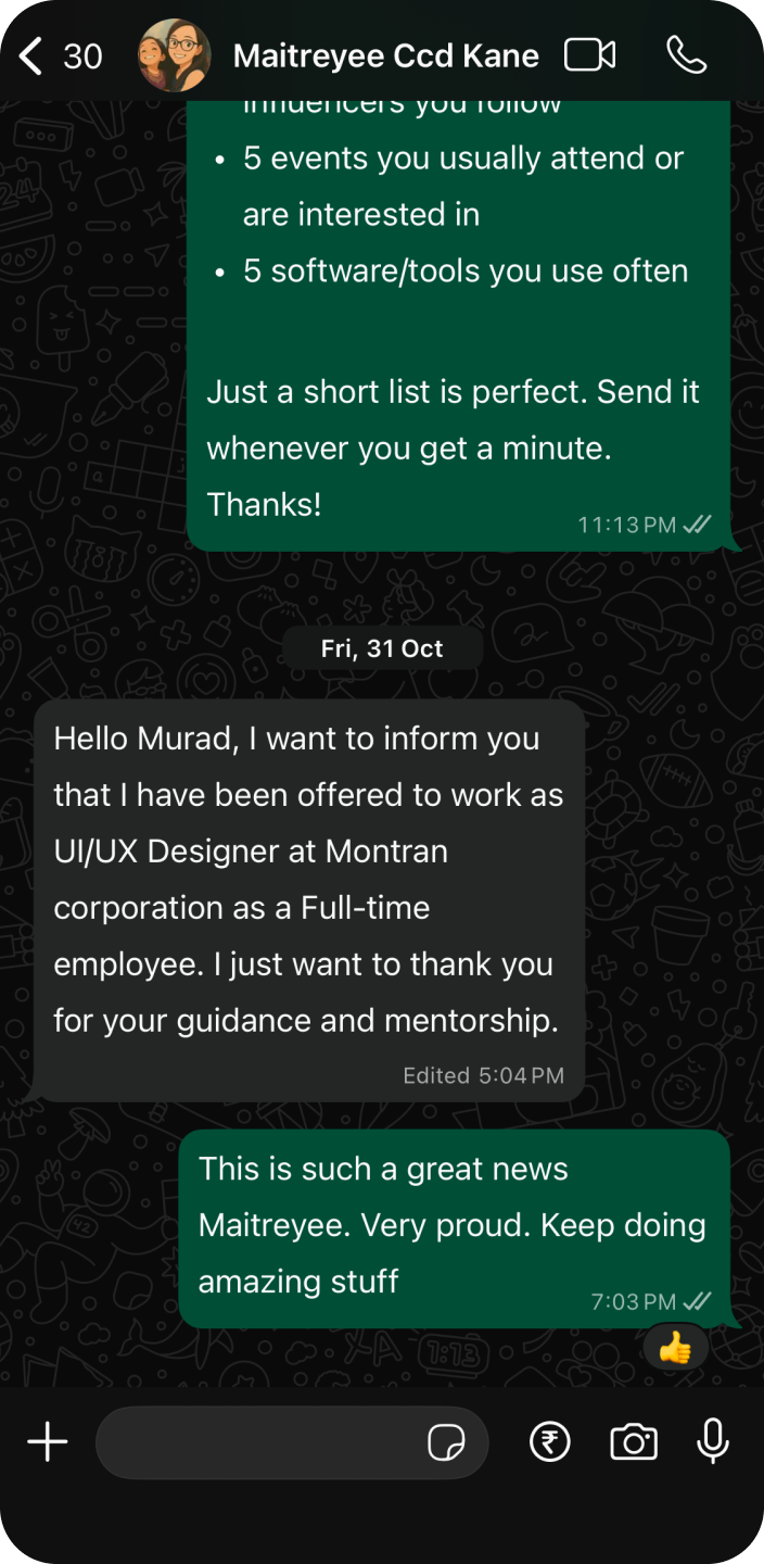 WhatsApp message from Maitreyee — offered UI/UX role at Montran